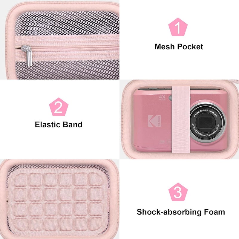 Canboc Carrying Case for Kodak PIXPRO FZ55/ FZ45 16MP Digital Camera, FZ45 Video Vlogging Camera Bag, Mesh Pocket fit Cable, SD Card, Pink (Case Only) - Image 5